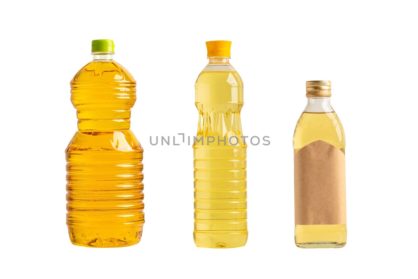 Vegetable oil with olive oil in different bottle for cooking isolated on white background.
