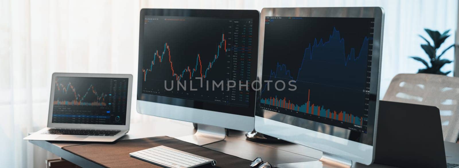 Stock market display on monitor screen for analytic stock trade investor. Computer showing online stock exchange trading, data index and statistic with dynamic financial data graph. Trailblazing