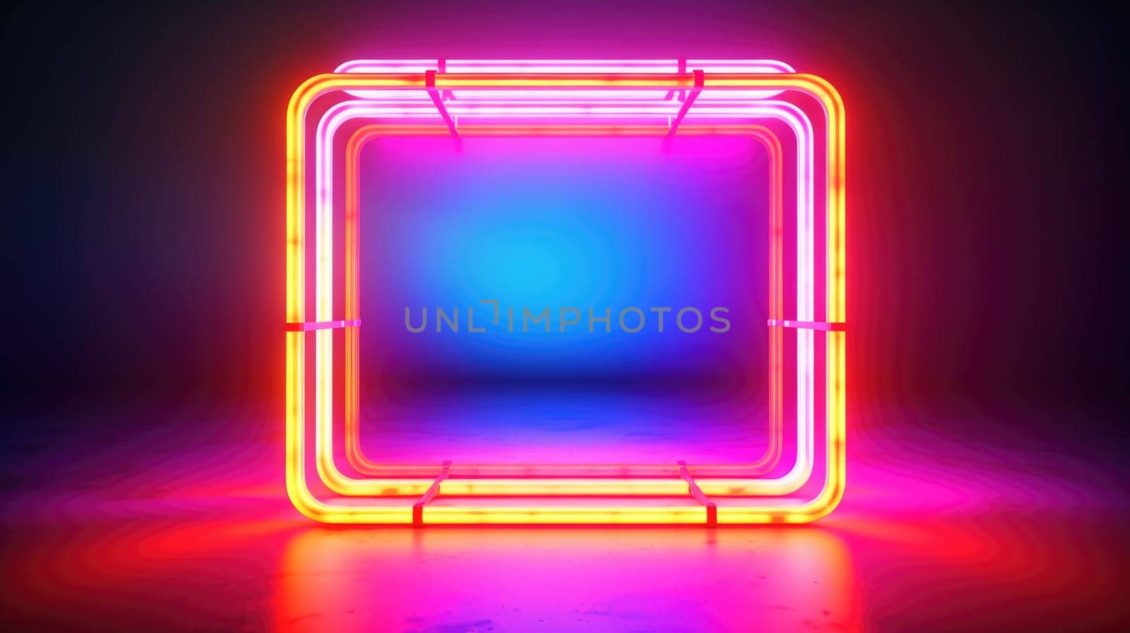 Glowing neon square frame over abstract landscape. Generative AI weber. by biancoblue