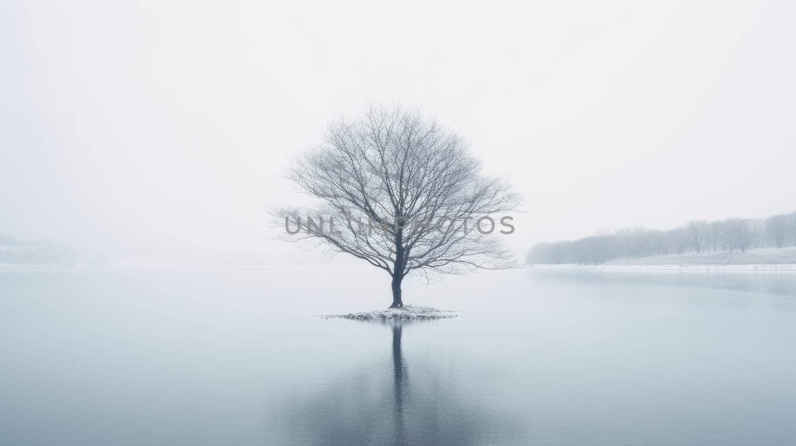 Lone lonely tree in winter snow and lake solitude, minimalist. Generative AI image weber.