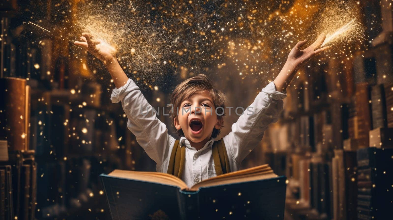 Boy excited with an opened magical book with wave of astral magical elements flowing out. Generative AI weber. by biancoblue