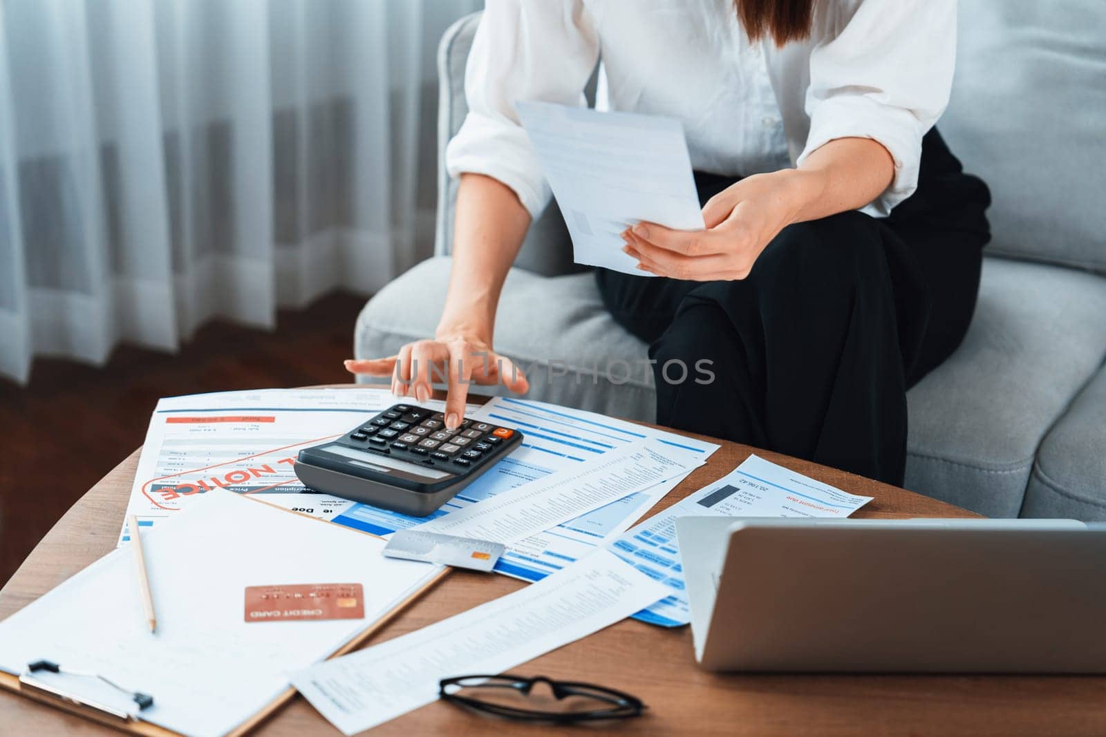 Stressed young woman has financial problems credit card debt to pay utmost by biancoblue
