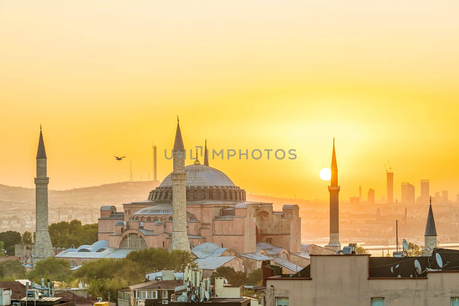 Beautiful view on Hagia Sophia in Istanbul, Turkey from top view at sunrise