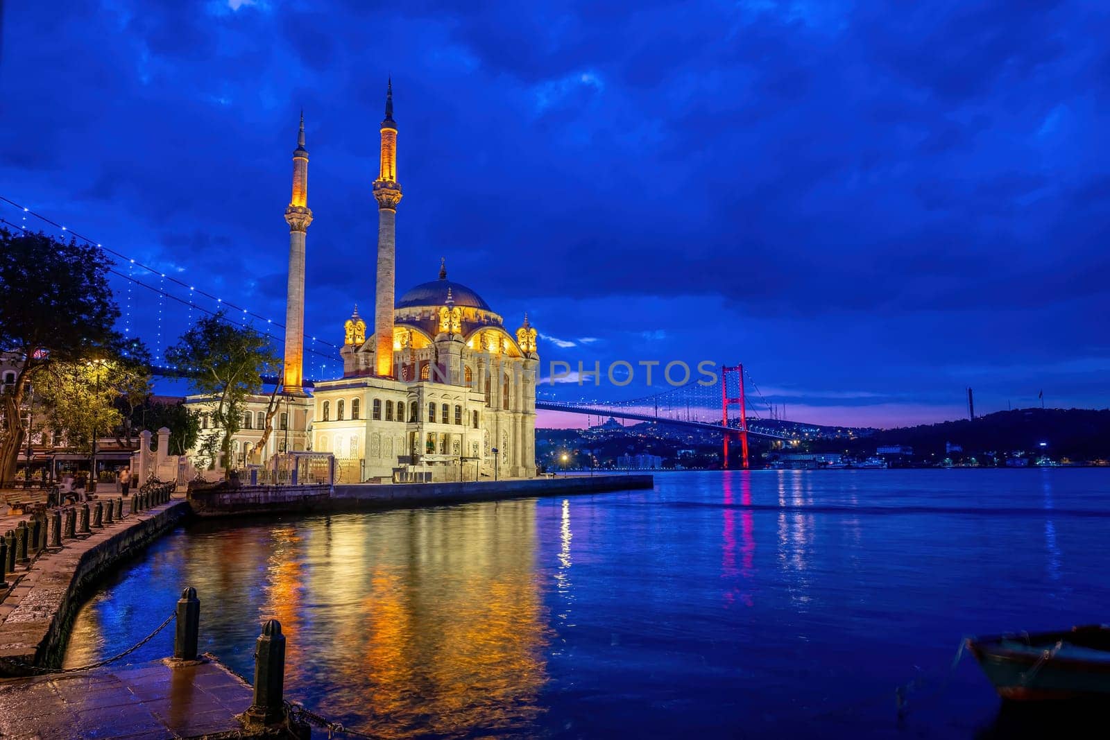 Ortakoy mosque on the shore of Bosphorus in Istanbul, Turkey at sunset