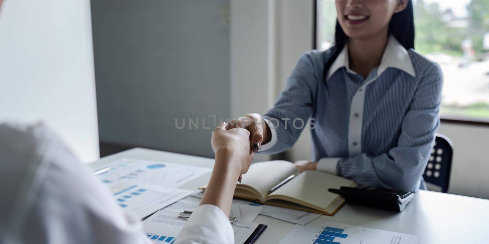 Business woman handshake after success planning about strategy ideas together.