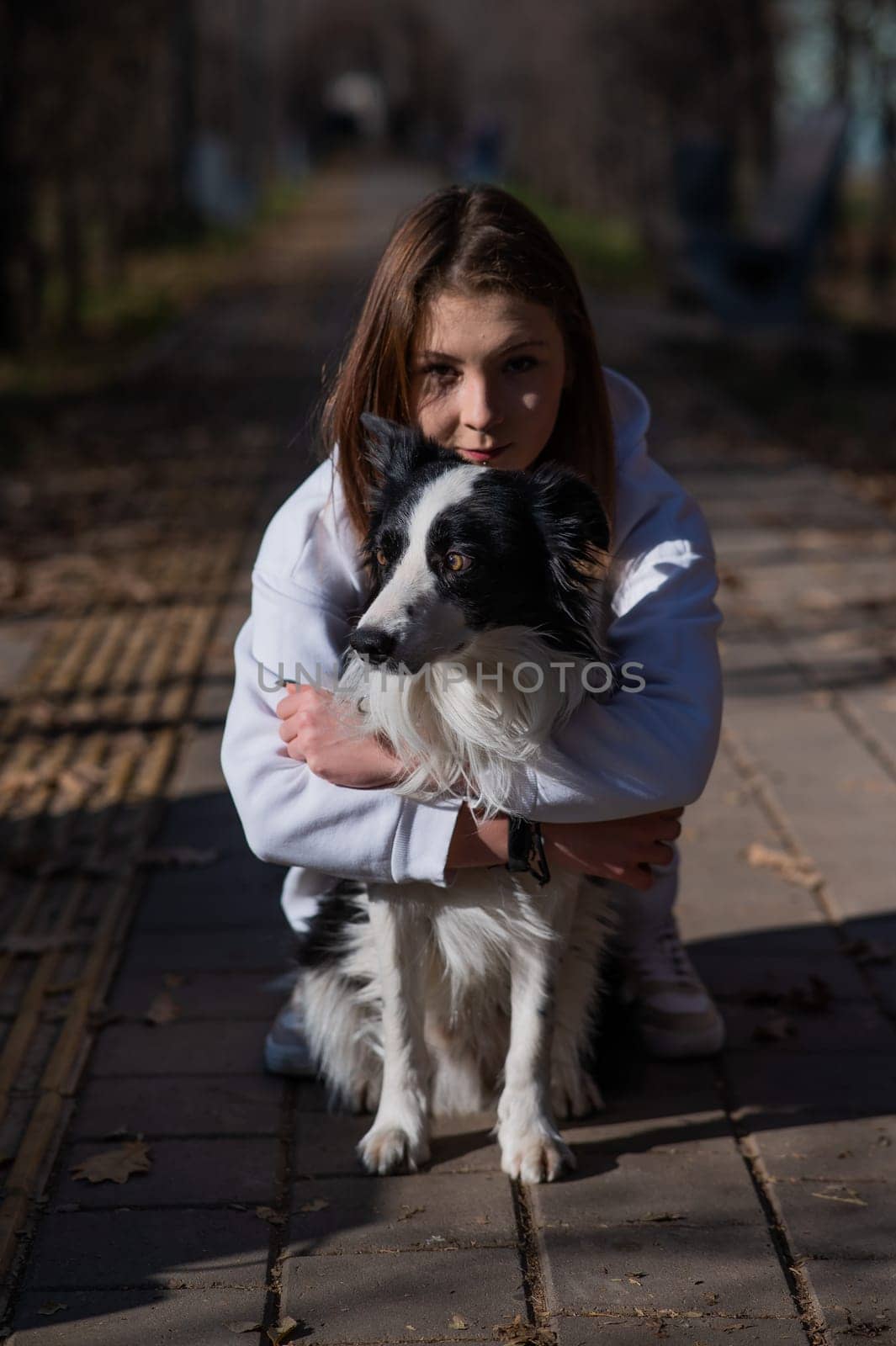 Caucasian woman hugging border collie in autumn park. Portrait of a girl with a dog