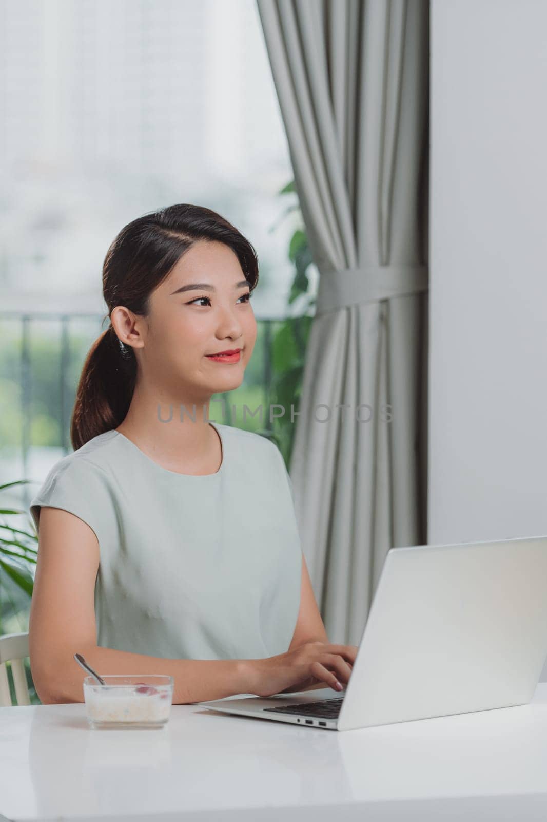 Attractive young woman having a healthy breakfast and working on laptop while sitting at livingroom