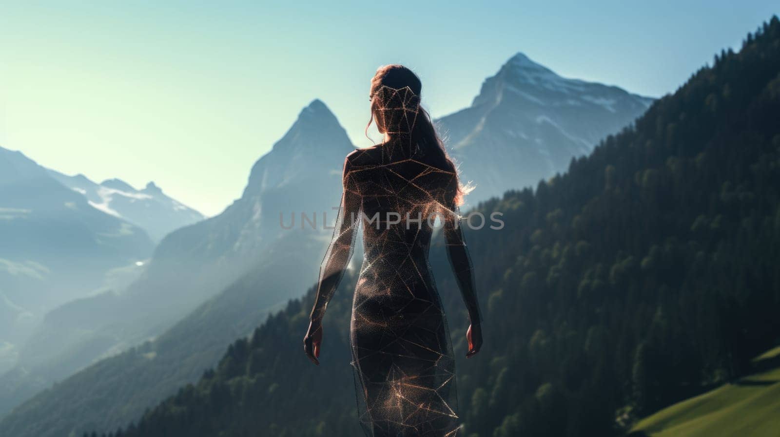 Woman in Yoga Full Body Backlit Pose in the breath taking Alpine. Generative AI image weber.