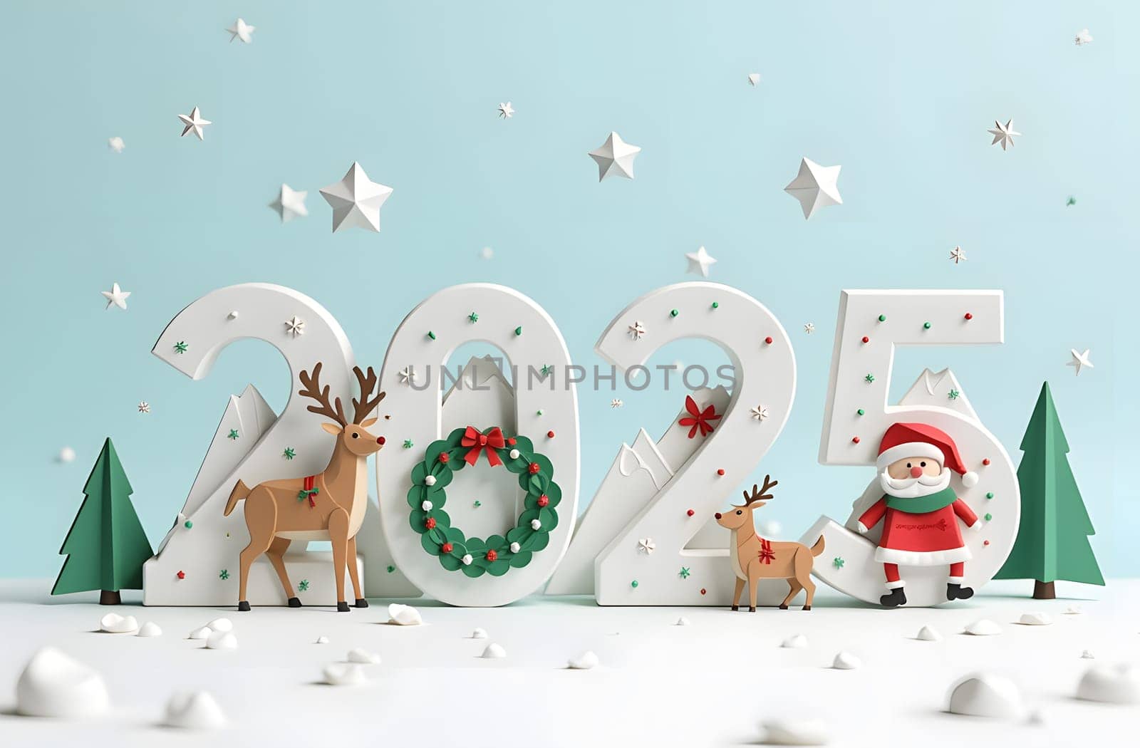 The numbers 2025 are designed in a origami style, formed from snowy mountains and stars. Beside them are icons of Santa, reindeer, and Christmas wreaths, adding to the festive theme. High quality photo