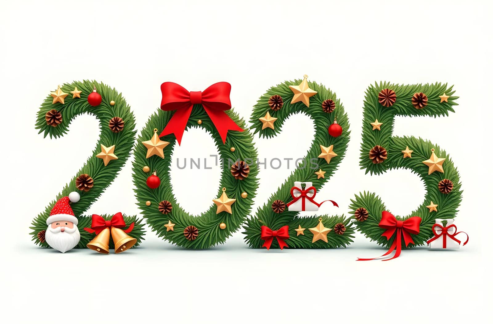 Explore the stunning 2025 numbers designed as Christmas wreaths, embellished with stars, pine cones, and ribbons. Celebrate the holiday season with this enchanting and festive decoration. High quality photo