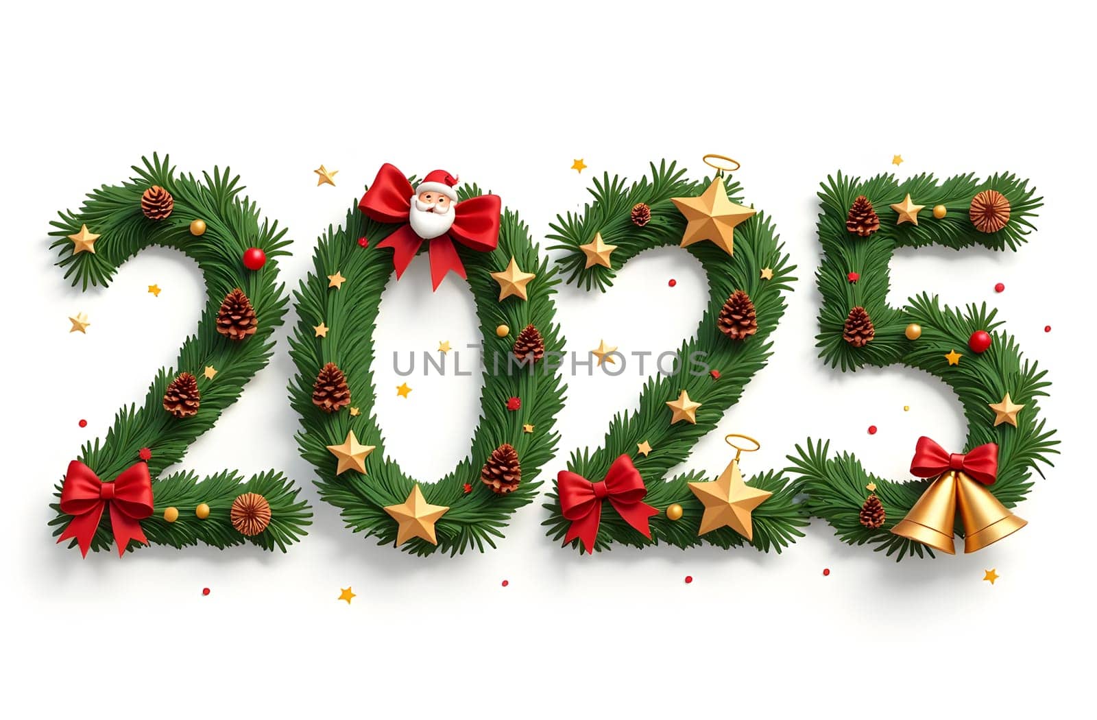 Discover the beautiful 2025 numbers styled as Christmas wreaths, adorned with stars, pine cones, and ribbons. Embrace the festive spirit with this charming holiday decoration. High quality photo