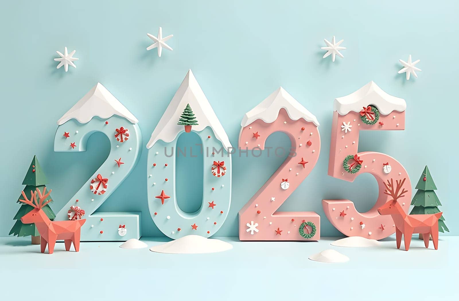 Admire the 2025 numbers styled in origami, crafted from snowy mountains and stars. Accompanied by icons of Santa, reindeer, and Christmas wreaths, this simple yet modern composition features pastel hues. High quality photo
