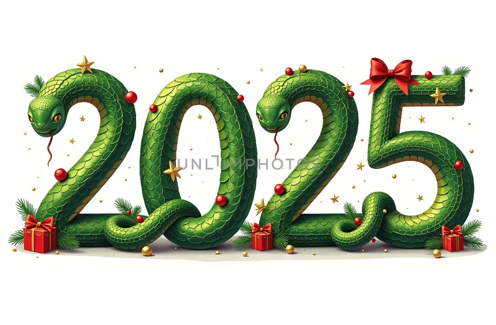 Admire the 2025 numbers featuring a snake pattern, surrounded by images of Christmas ornaments, bells, and gifts. This festive design beautifully captures the holiday spirit. High quality photo