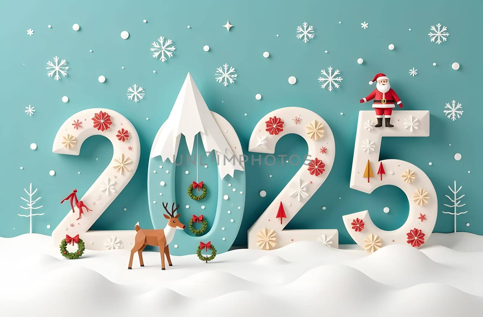 Marvel at the 2025 numbers designed in origami, featuring snowy mountains and stars. Paired with icons of Santa, reindeer, and Christmas wreaths, this modern composition showcases soft pastel tones. High quality photo
