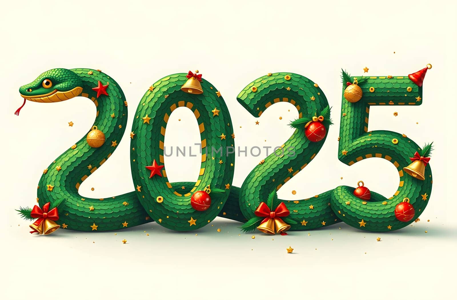 Be captivated by the 2025 numbers designed to resemble coiled snakes, featuring curves that mimic snake scales. Surrounded by snowflakes and Christmas ornaments, this design brings a playful festive vibe. High quality photo