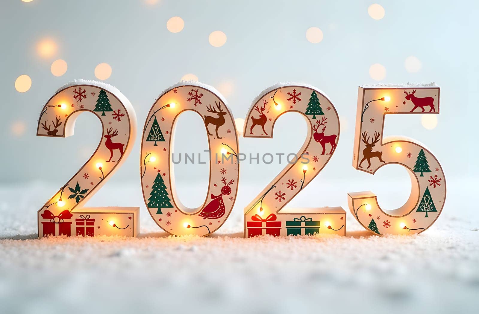 Experience the 2025 numbers created from sparkling Bengal lights, surrounded by large, gently falling snowflakes. This festive design beautifully captures the magic and joy of the holiday season. High quality photo