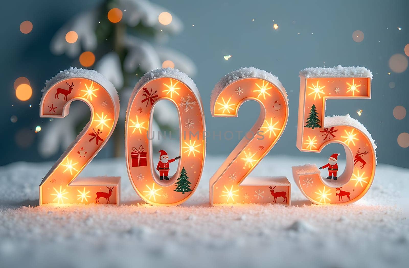 Explore the creative 2025 numbers crafted from Christmas garlands, featuring simple images of Santa, reindeer, Christmas trees, and presents inside each digit. Celebrate the season. High quality photo