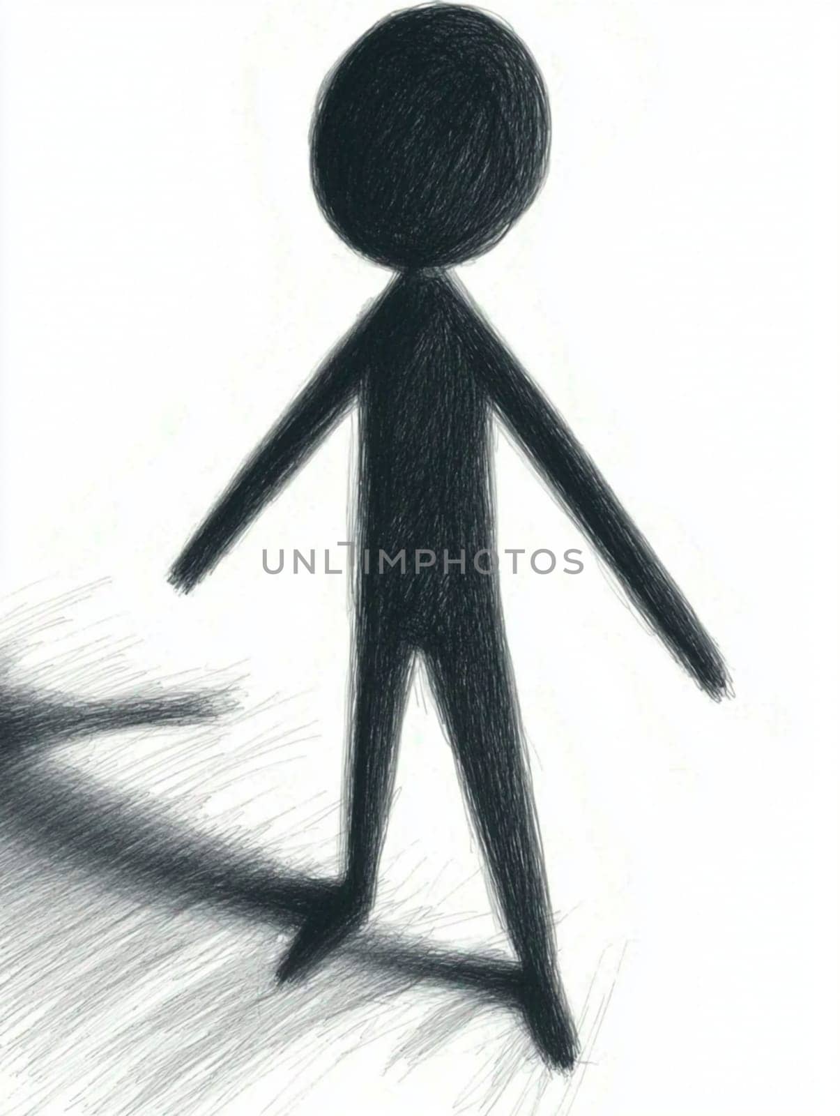 Charcoal drawing of a simple black figure with its shadow cast on the ground, conveying a sense of mystery and solitude