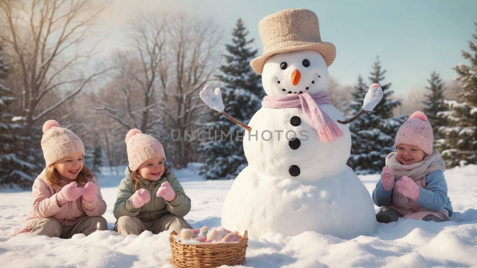 Two cheerful snowmen, adorned with colorful scarves and hats, brighten a snowy landscape. The scene captures the essence of winter playfulness under a clear blue sky.