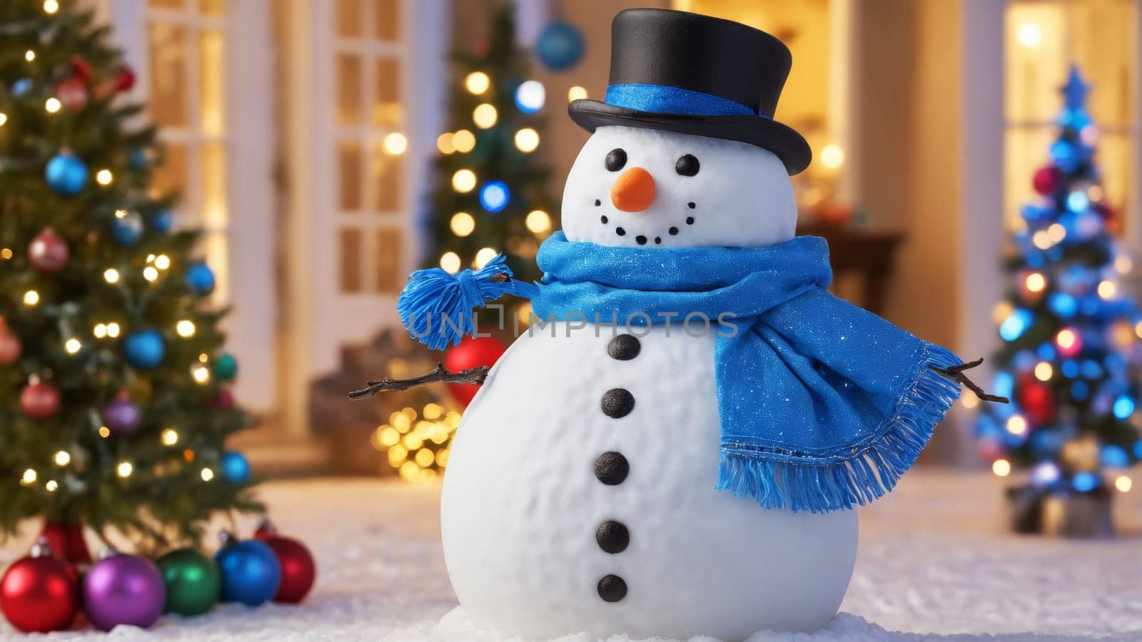 A delightful snowman stands proudly in front of a cozy home, decorated for the holidays with twinkling lights and colorful ornaments. Snow gently blankets the ground, enhancing the festive atmosphere.