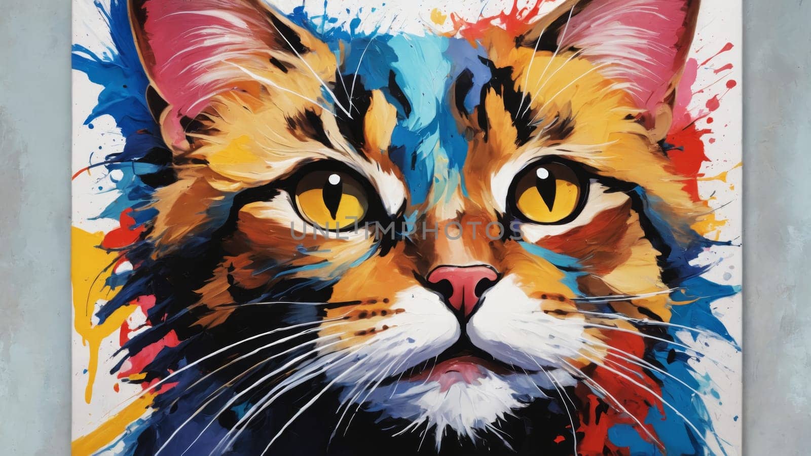 A radiant cat with striking green eyes and an expressive face captures attention, surrounded by a dynamic explosion of colorful splashes that bring the artwork to life.
