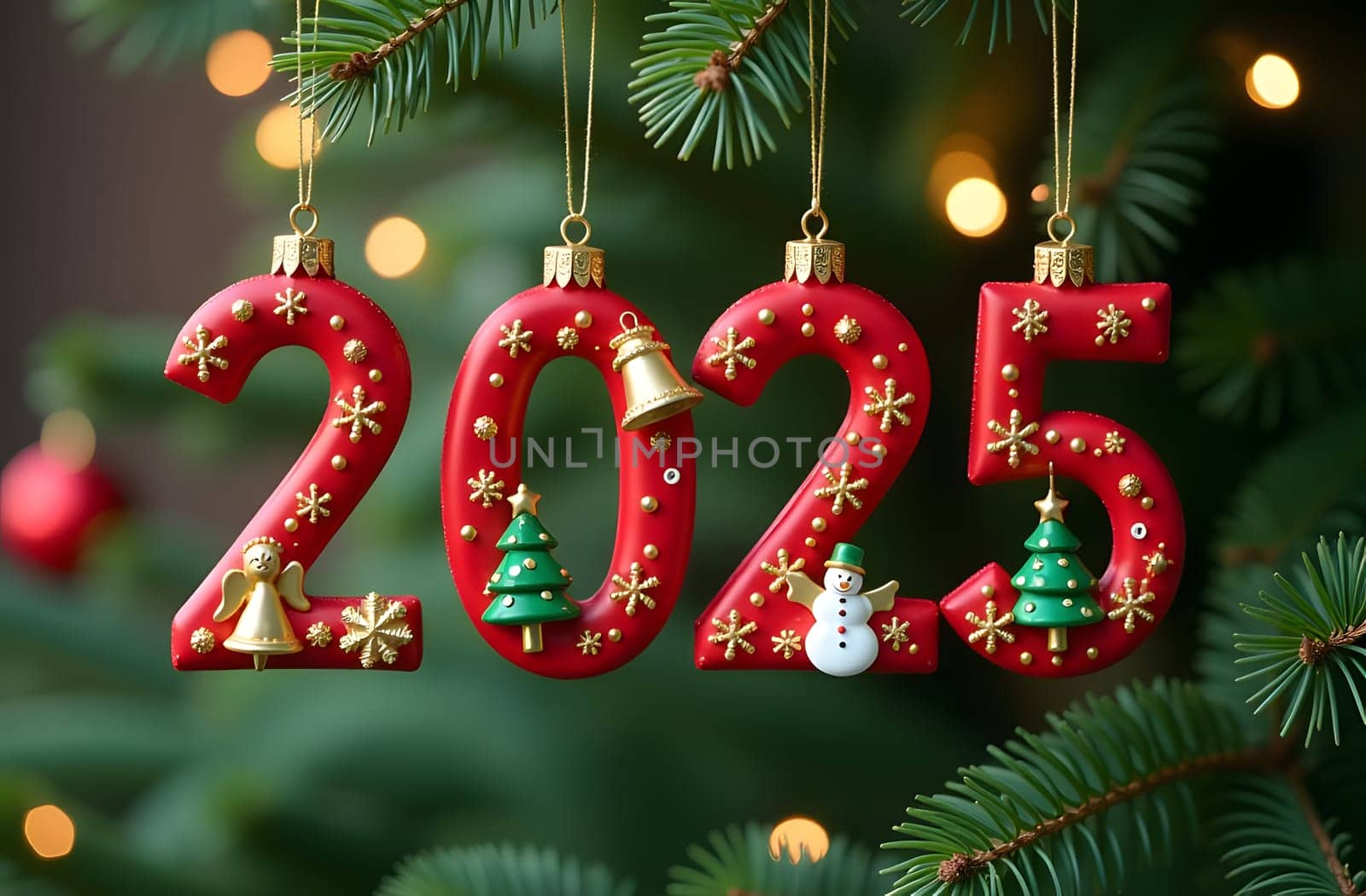 Marvel at the charming 2025 numbers designed as Christmas ornaments hanging from branches. Each digit features simple icons of angels, bells, trees, and snowmen, perfect for the holiday spirit. High quality photo
