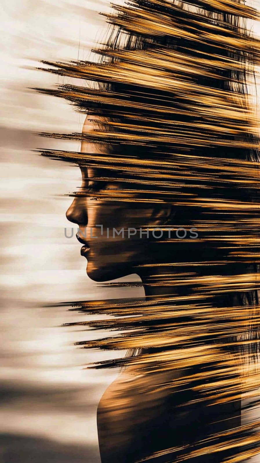 Woman's profile is partially obscured by flowing golden lines, creating an abstract and artistic representation of beauty, motion, and time