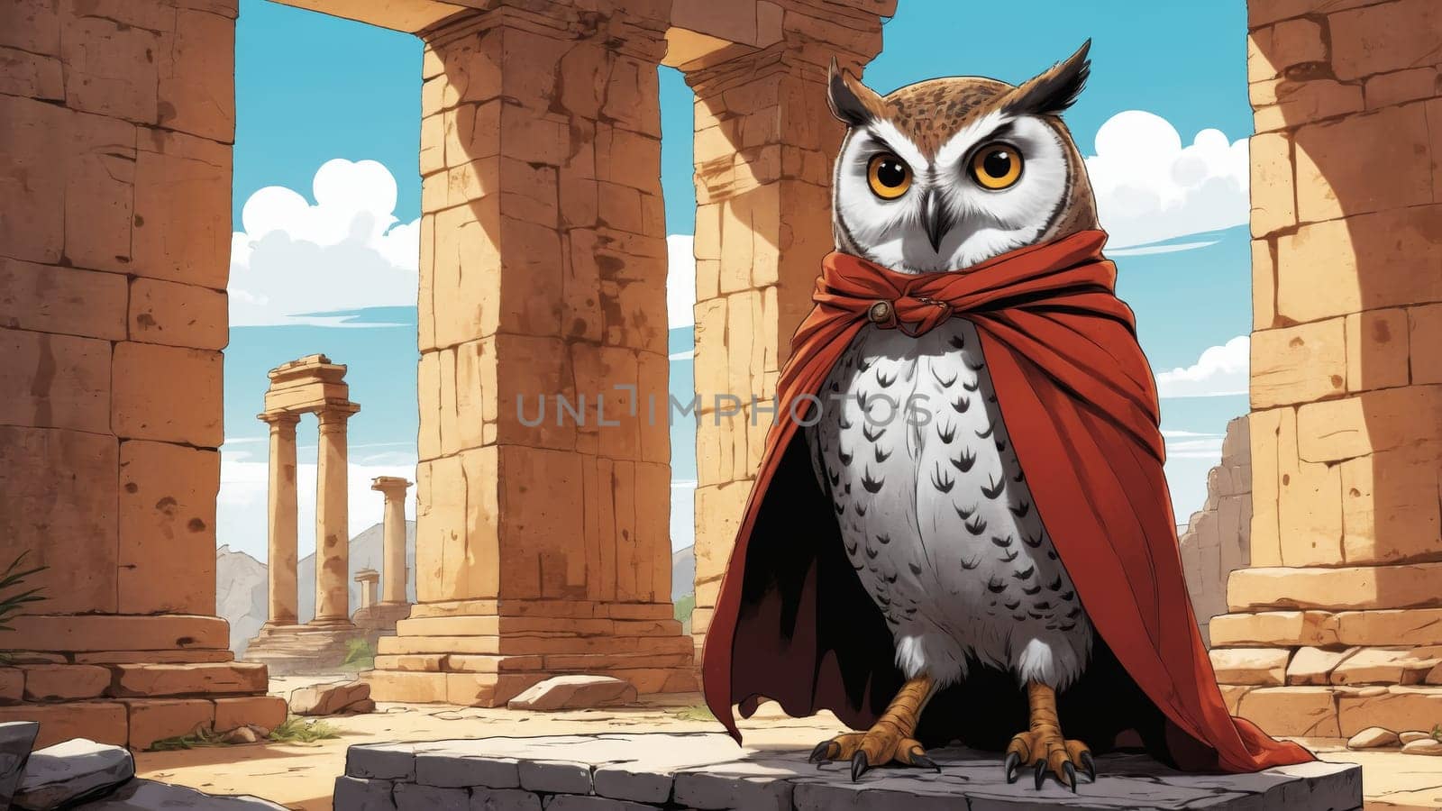 An extraordinary owl, adorned in a flowing red cloak, stands proudly amidst grand ancient ruins, with towering columns and a clear blue sky, embodying wisdom and strength in this splendid landscape.