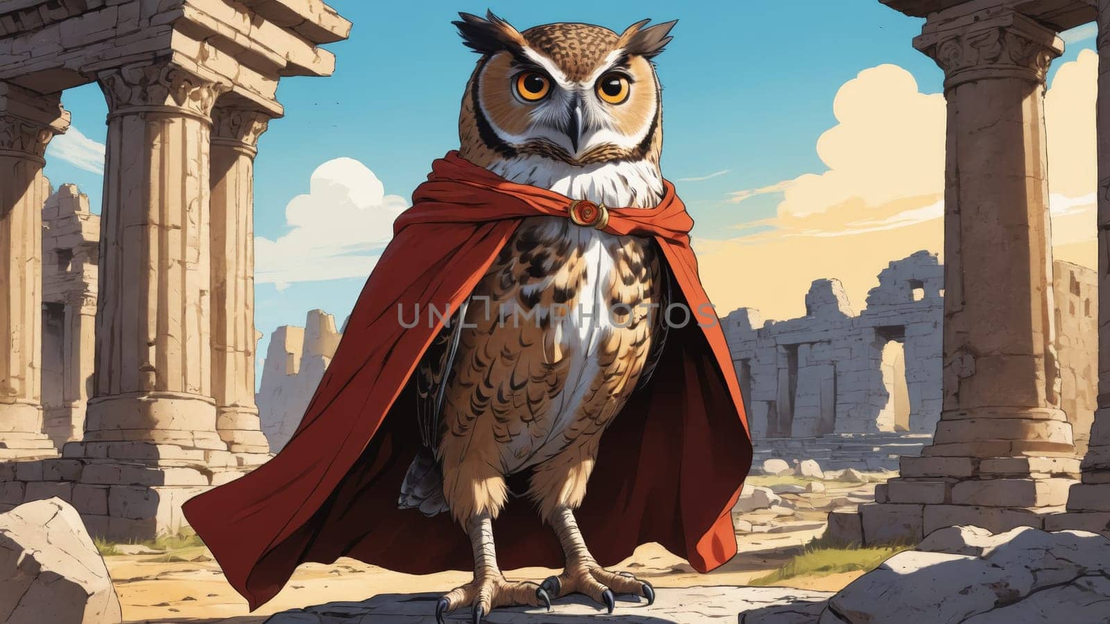 An extraordinary owl, adorned in a flowing red cloak, stands proudly amidst grand ancient ruins, with towering columns and a clear blue sky, embodying wisdom and strength in this splendid landscape.