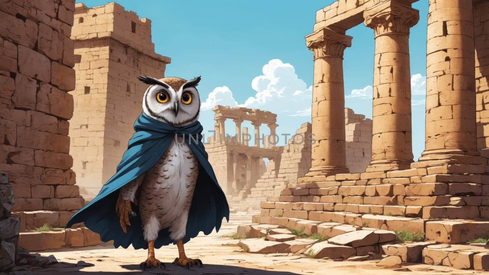 The noble owl stands proudly with a flowing crimson cape, surrounded by crumbling columns and a warm golden backdrop, evoking a blend of fantasy and history in a magical setting.