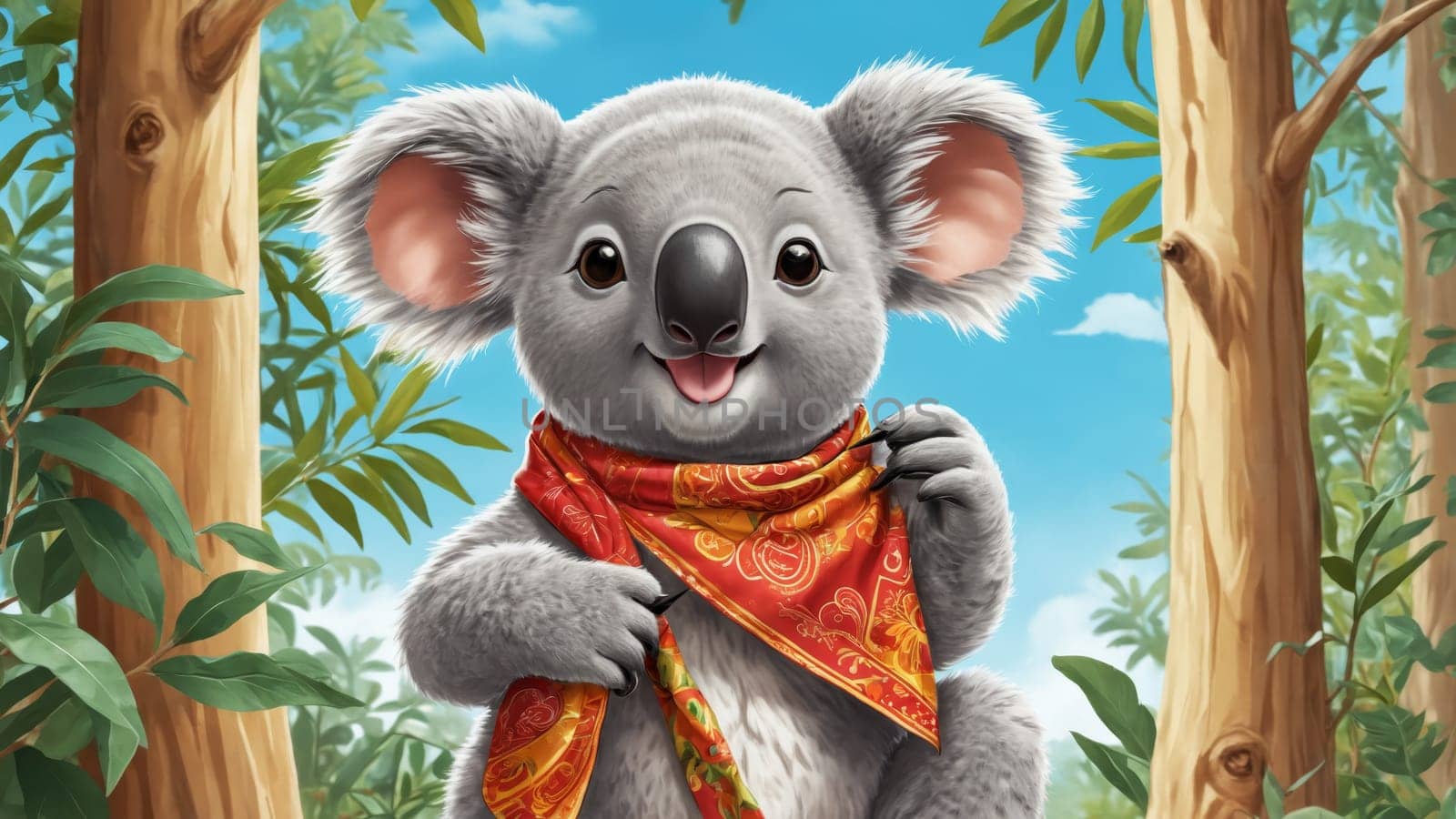 Under a bright blue sky, a playful koala wearing a colorful scarf grins while sitting amidst lush eucalyptus trees, capturing the essence of joyful wildlife in its natural habitat.