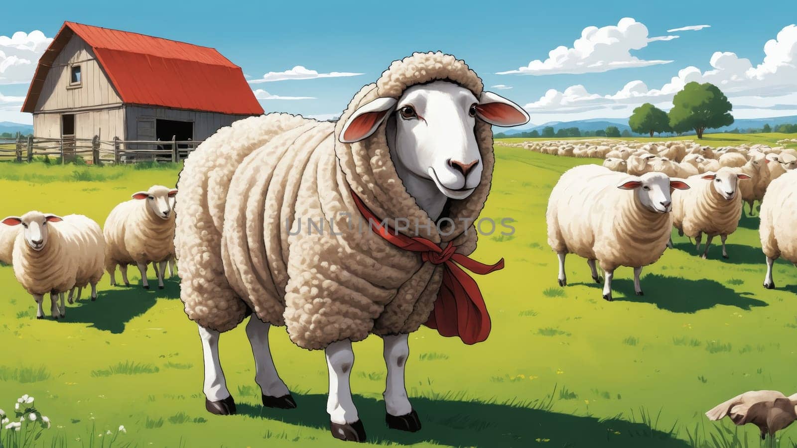 In a picturesque countryside, a happy sheep adorned with a red scarf basks under the bright sun. Surrounding it are playful companions grazing contentedly in lush green grass.