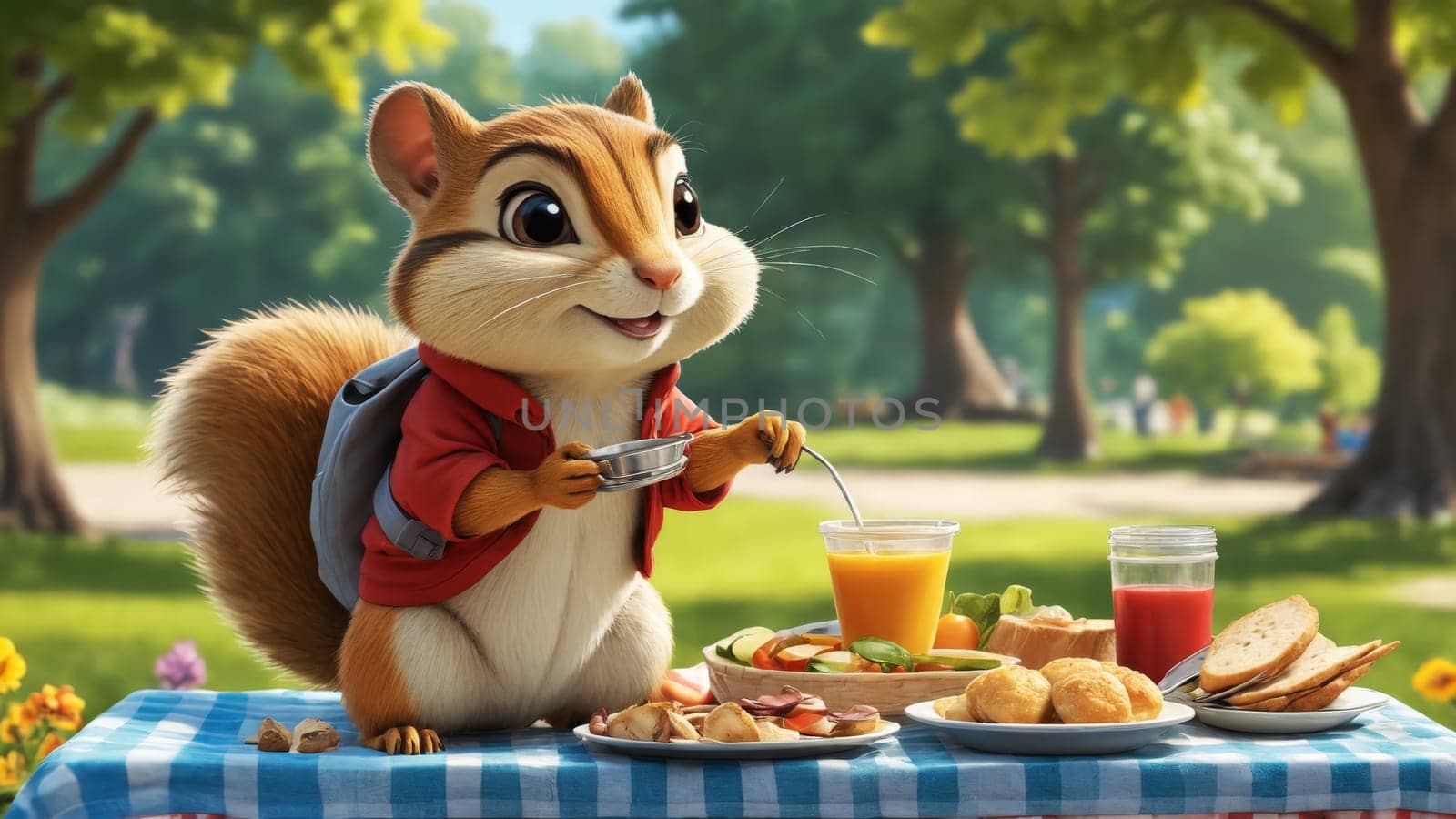 A delightful squirrel wearing a red jacket smiles joyfully as it holds a canister, surrounded by a picnic spread of treats like cookies and fruits on a blue checkered cloth under lush trees.