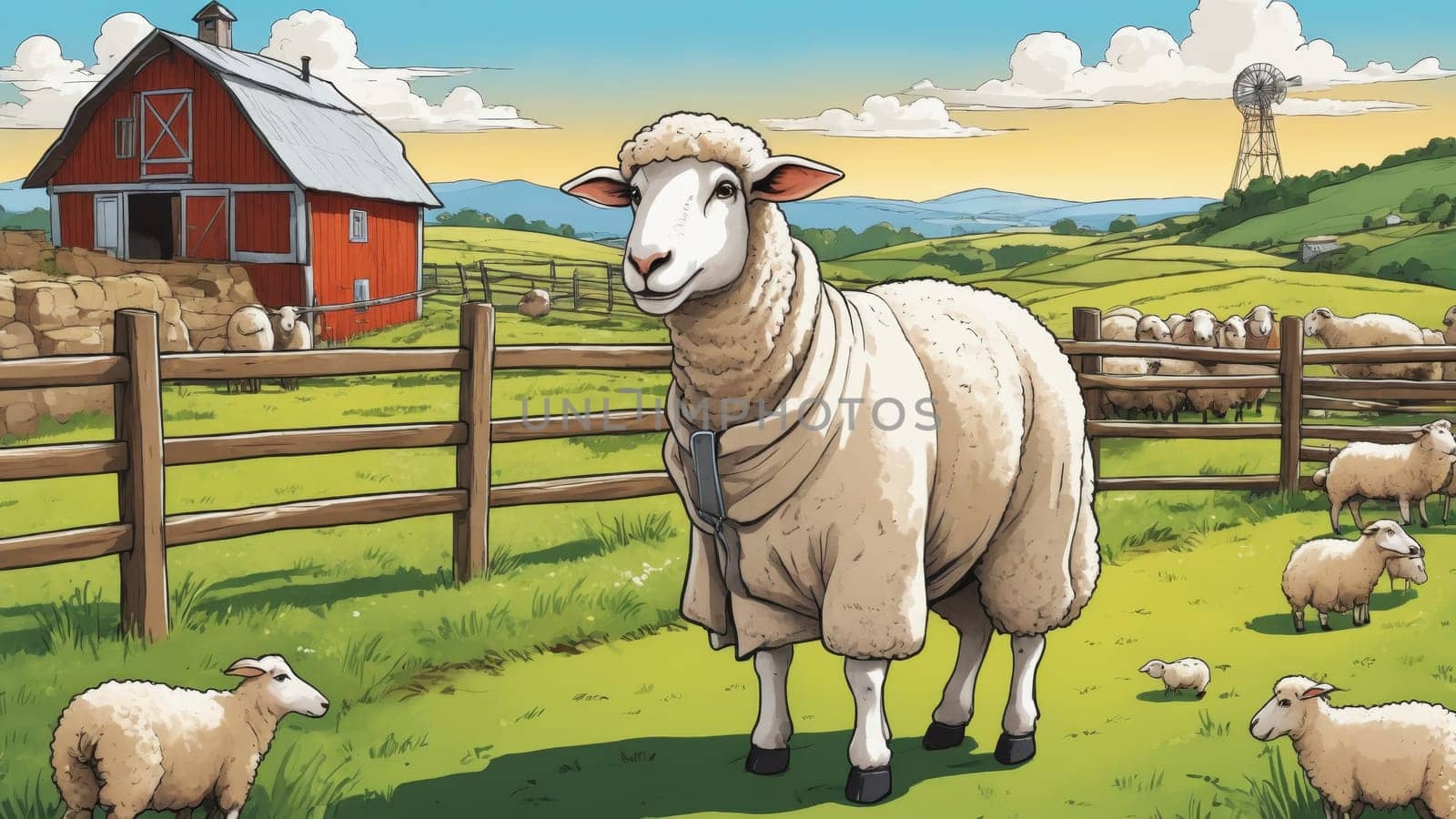 A young boy wearing a red cape walks alongside a comically large sheep, while smaller sheep graze nearby. The backdrop features rolling fields and a cozy farmhouse, capturing a tranquil rural vibe.