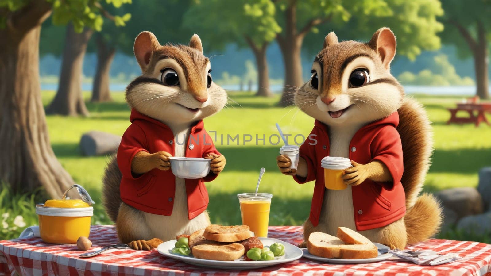 A delightful chipmunk dressed in a cozy red hoodie sits at a picnic blanket, savoring delicious treats like cookies and fresh tomatoes. The sunny park exudes a sense of joy and relaxation.