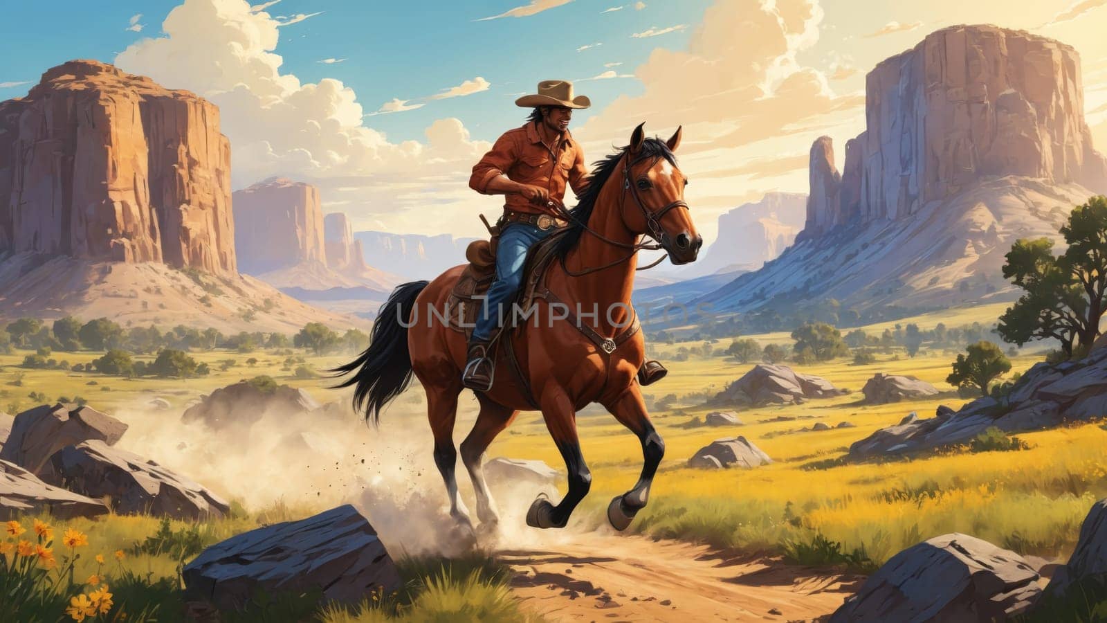 Under a vast blue sky dotted with clouds, a cowboy skillfully navigates his powerful horse through the stunning desert terrain, embodying the spirit of adventure and freedom.
