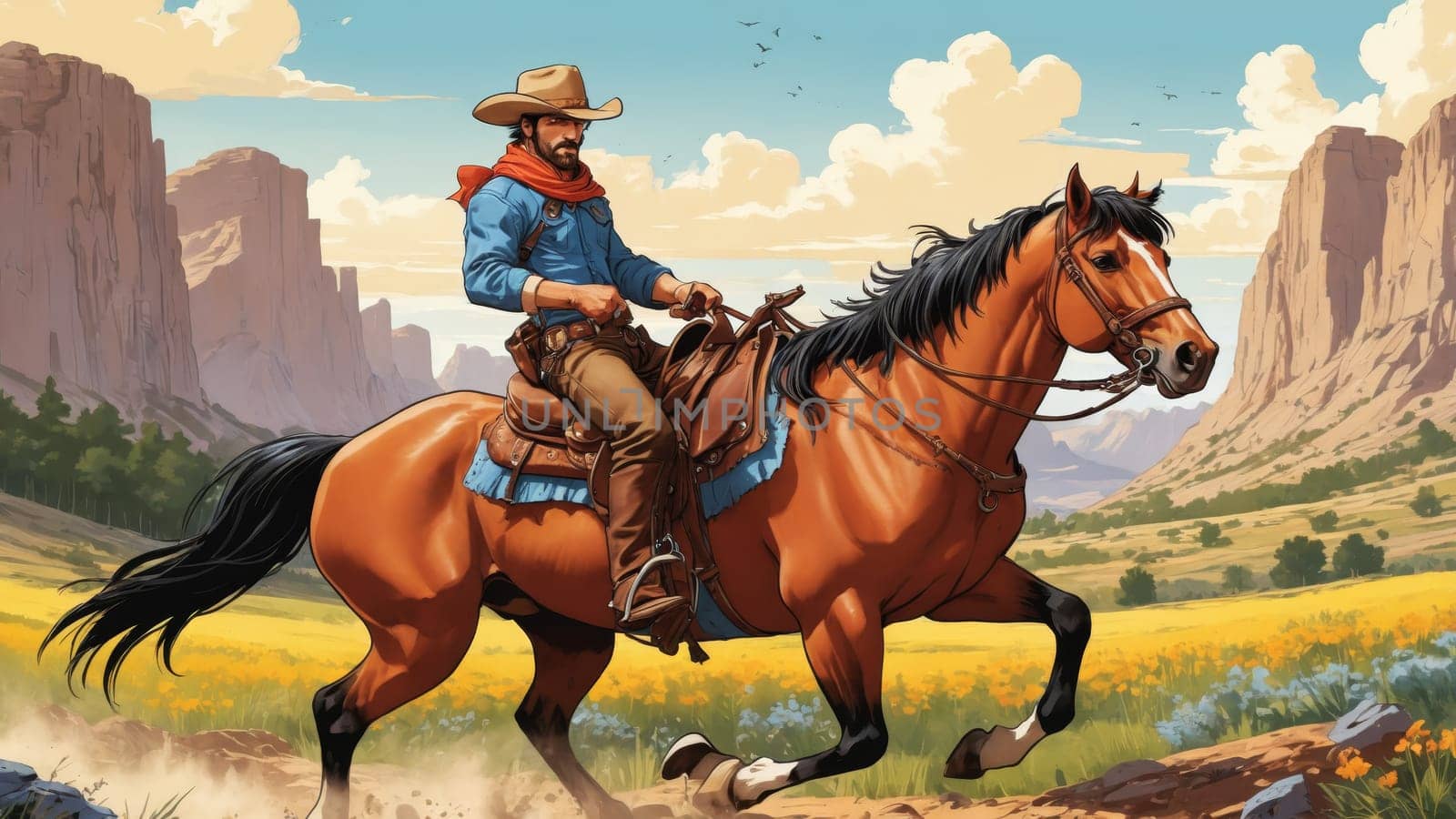 Under a breathtaking sunset, a cowboy in a hat skillfully rides his brown horse through a stunning desert landscape. The warm colors illuminate the vast mountains in the background.