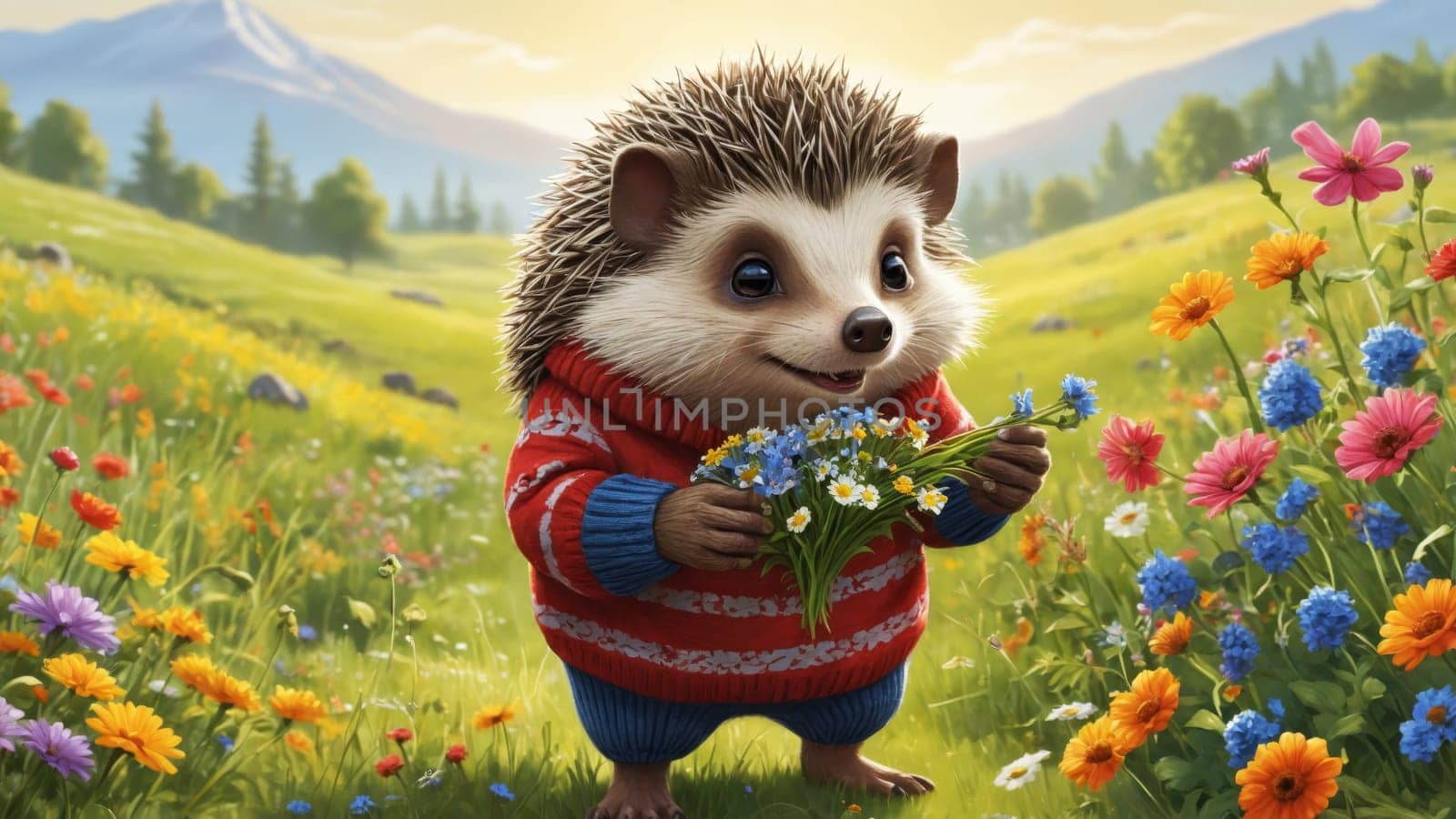 In a lush meadow filled with colorful wildflowers, a cheerful hedgehog wearing a cozy sweater delights in picking a bouquet, surrounded by the beauty of nature on a bright day.