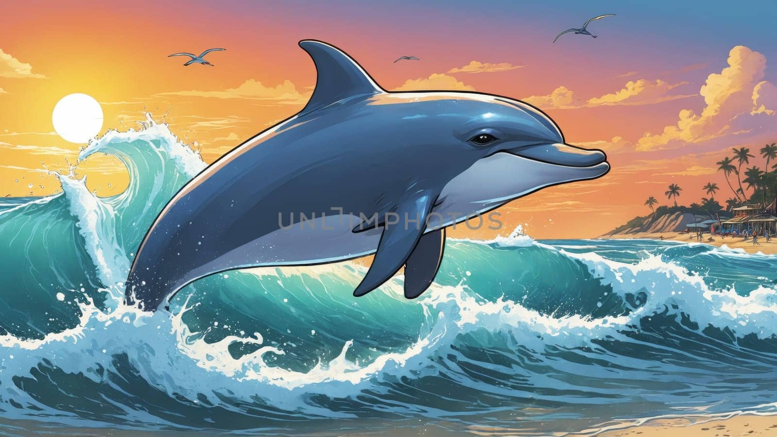 As the sun sets on a tropical horizon, a dolphin leaps gracefully over crashing waves, capturing the beauty of nature and the joy of marine life in a picturesque coastal setting.