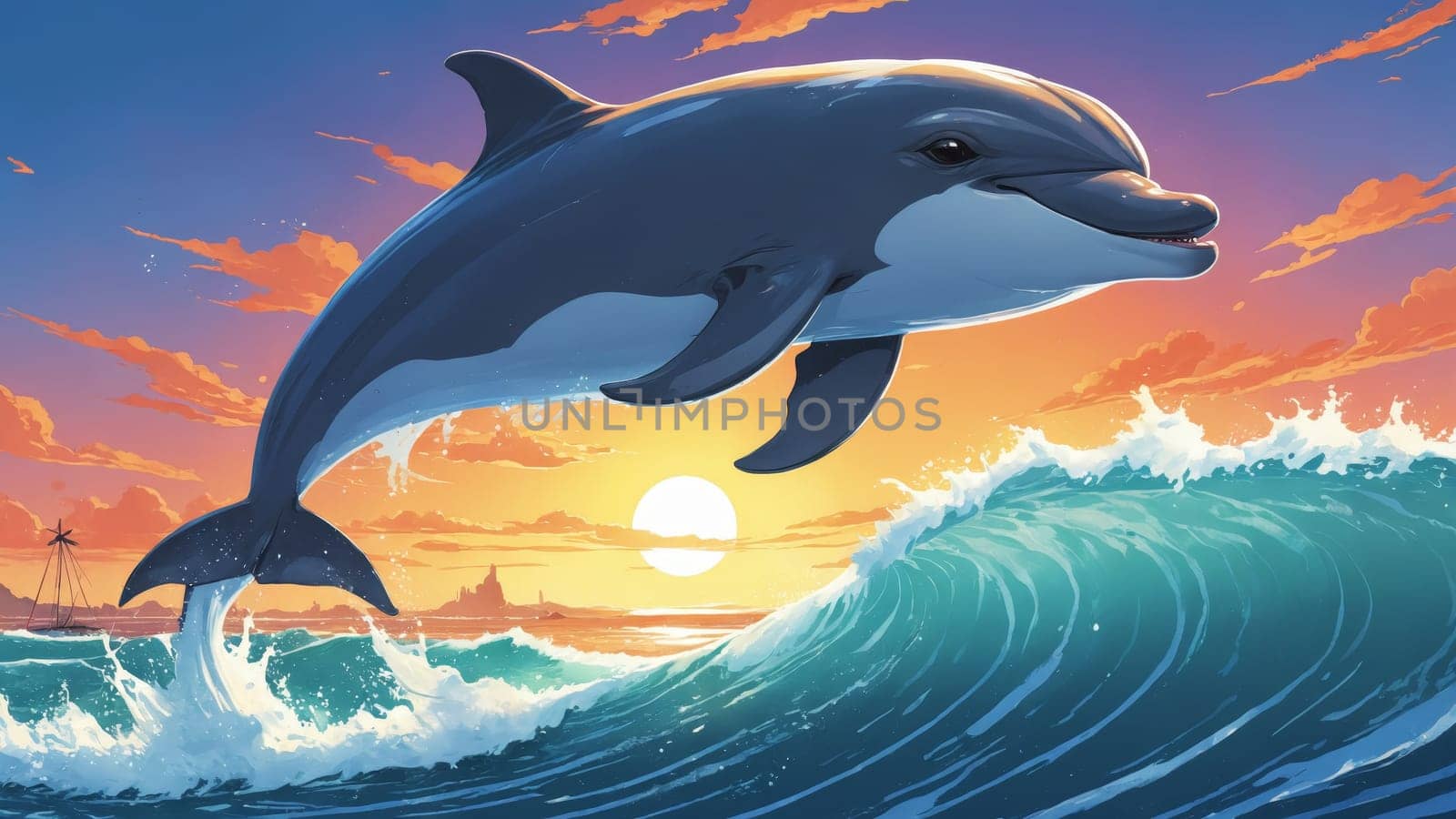 As the sun sets on a tropical horizon, a dolphin leaps gracefully over crashing waves, capturing the beauty of nature and the joy of marine life in a picturesque coastal setting.