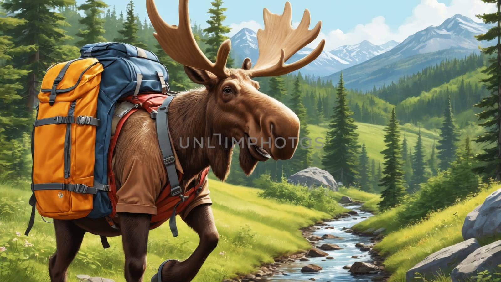 A cheerful moose wearing a backpack ambles along a winding creek, surrounded by lush greenery and towering peaks, enjoying a bright, sunny day in nature's embrace.