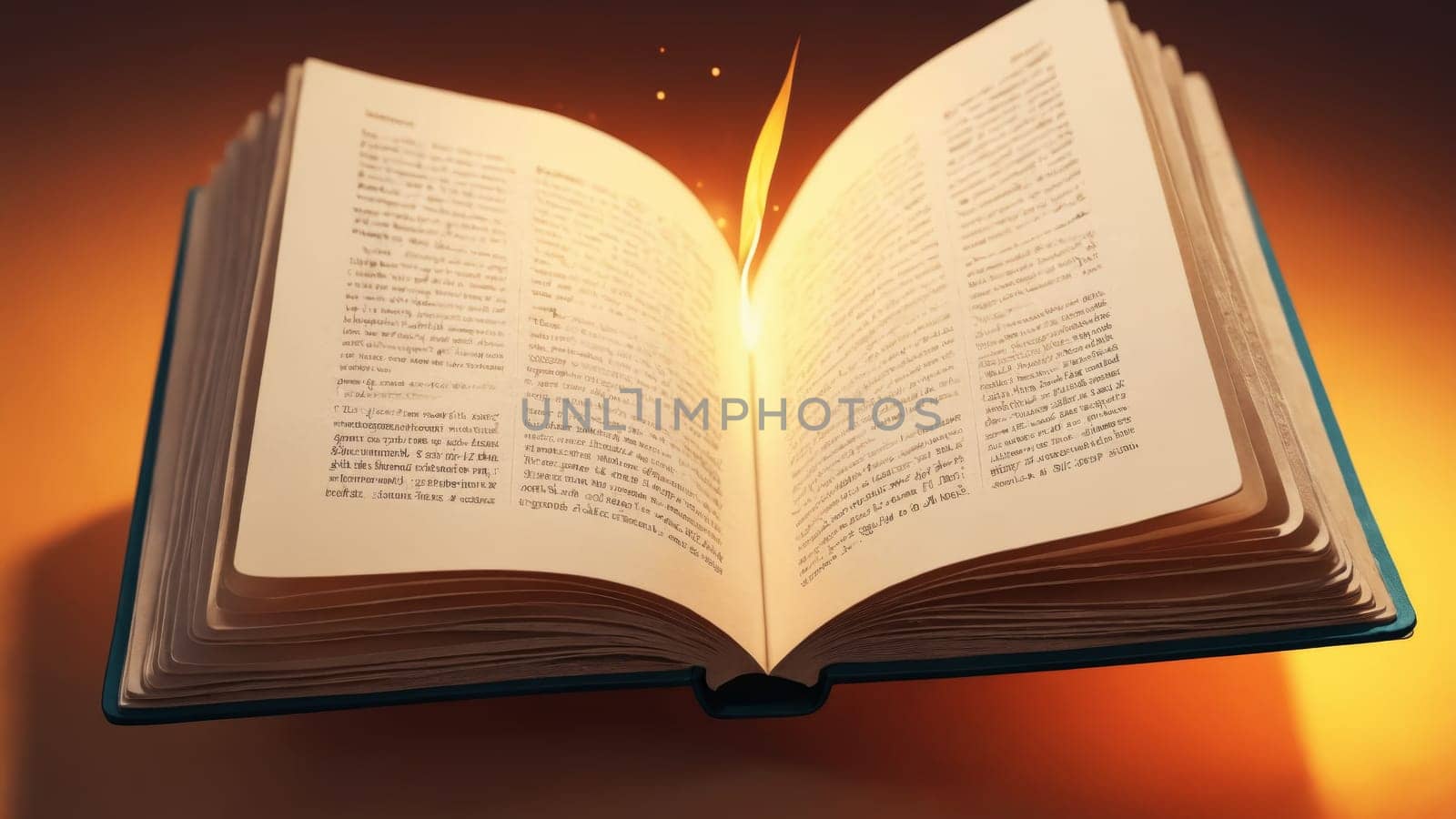 An open book emits a soft glow, its pages slightly turning as if caught in a gentle breeze. Warm light envelops it, creating an enchanting atmosphere that invites curiosity.