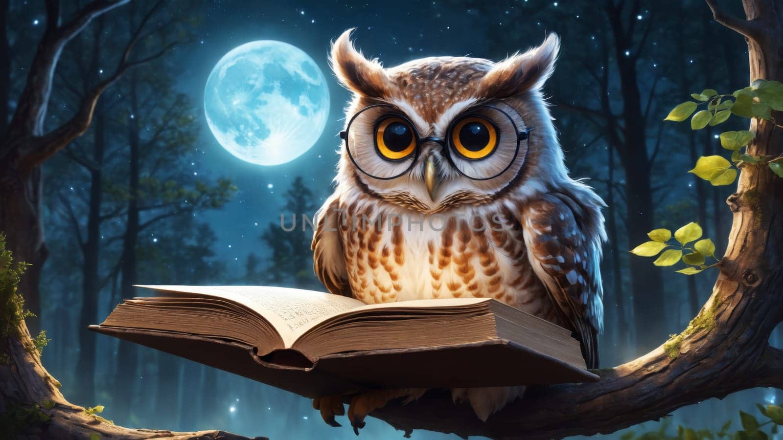 An owl with striking features perches on a branch, intently focused on an open book. The full moon casts a serene glow over the mystical forest, creating a magical atmosphere.