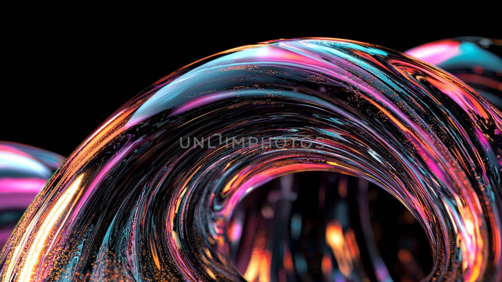 Glowing, colorful swirl on a black background, reflecting vibrant shades of orange, pink, blue, and turquoise. Perfect for a trendy wallpaper