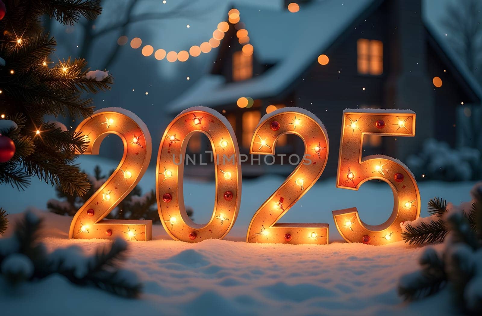 Be captivated by the 2025 numbers crafted from shimmering snow, beautifully adorned with Christmas ornaments. This magical design radiates the joy and sparkle of the holiday season. High quality photo