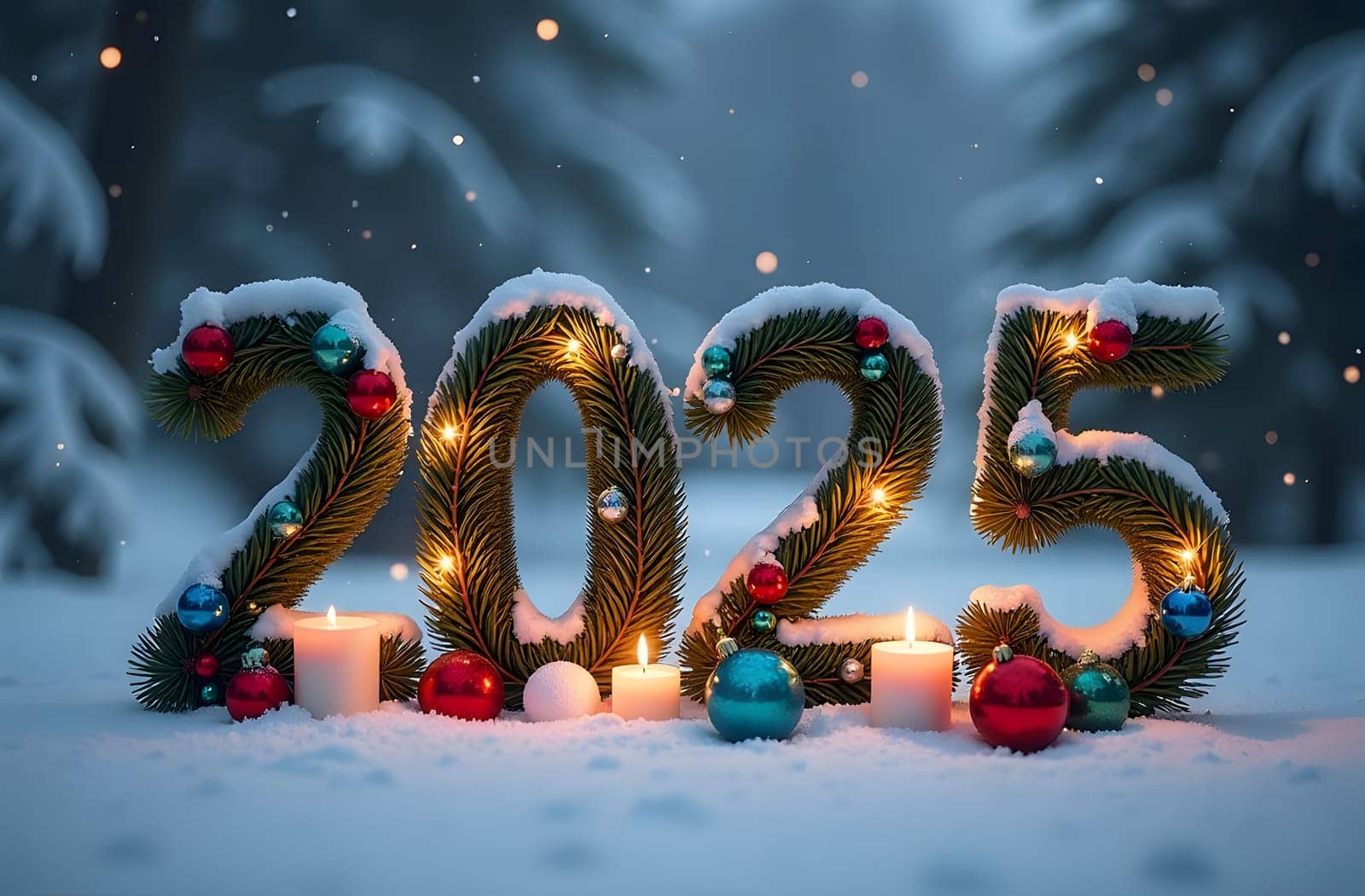 Discover the enchanting 2025 numbers crafted from Christmas wreaths adorned with vibrant ribbons, pine cones, and red berries. Lit candles are placed between the digits, adding warmth to this festive design. High quality photo