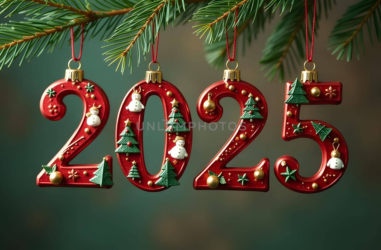 Delight in the vibrant 2025 numbers made of colorful garlands and ornaments on a Christmas tree. This festive design captures the joy and spirit of the holiday season beautifully. High quality photo