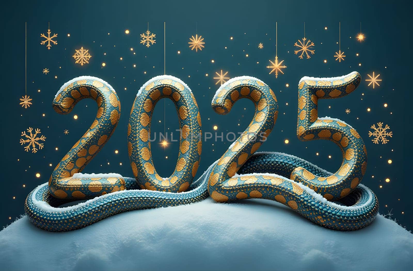 Behold the stunning 2025 numbers designed as a smooth snake featuring golden patterns against a dark background, embellished with shimmering gold snowflakes. This design radiates elegance and holiday cheer. High quality photo