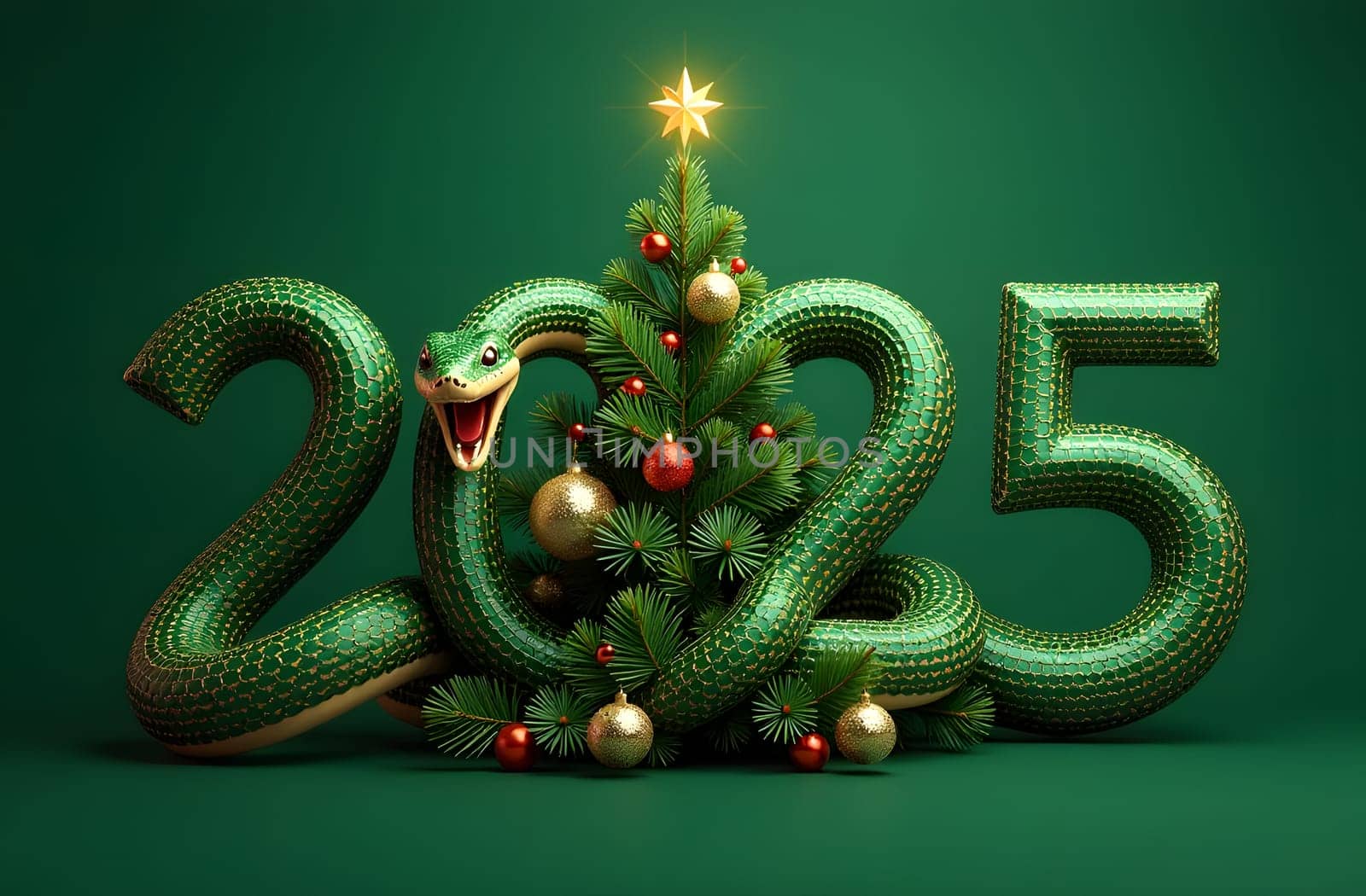Discover the 2025 numbers designed as a snake entwined around pine branches. The Christmas tree is beautifully decorated with ornaments, and a bright star shines at the center, embodying the holiday spirit. High quality photo