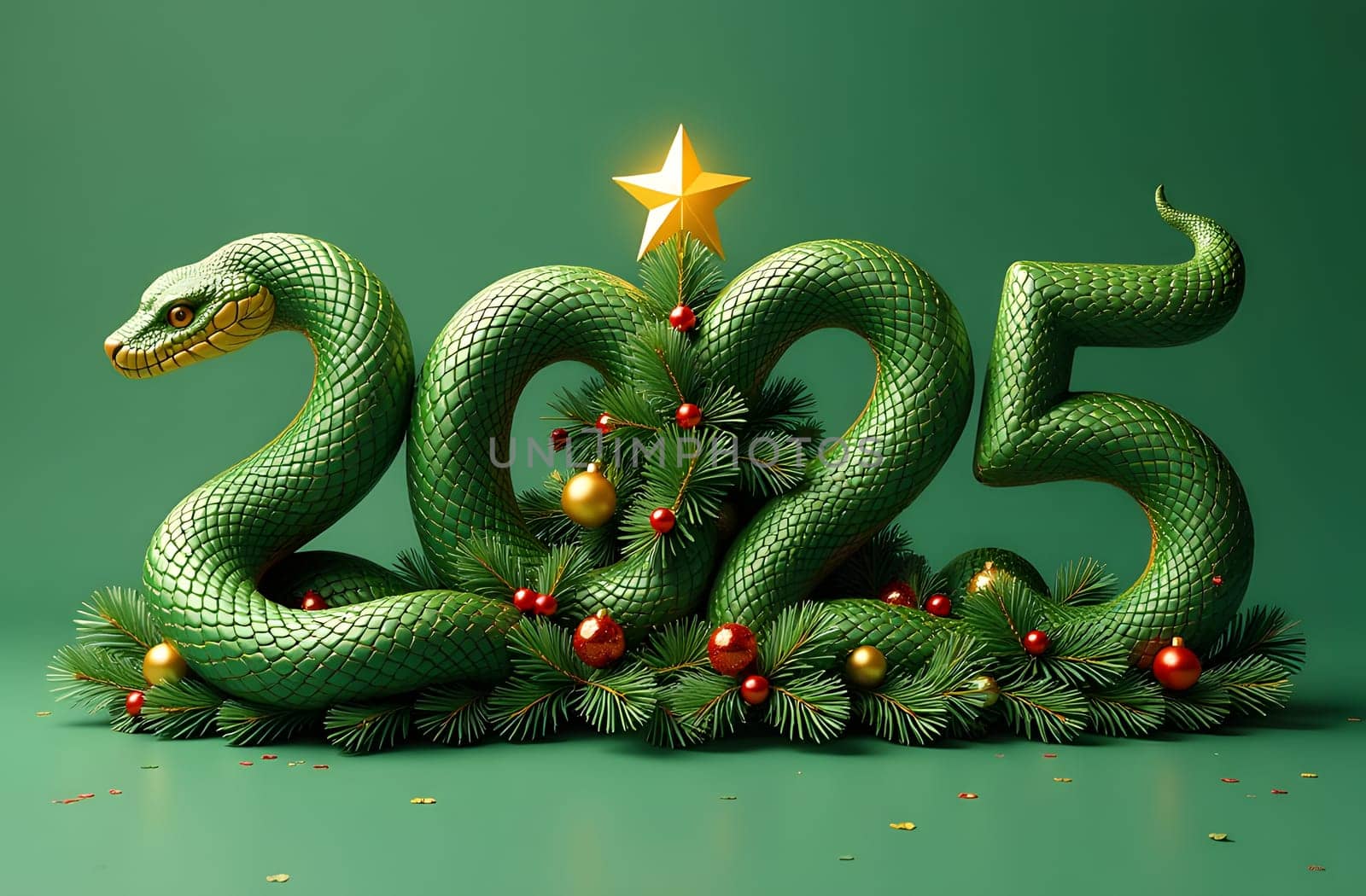 Experience the 2025 numbers styled as a snake wrapping around pine branches. The Christmas tree is adorned with ornaments, and a shining star takes center stage, capturing the holiday spirit. High quality photo